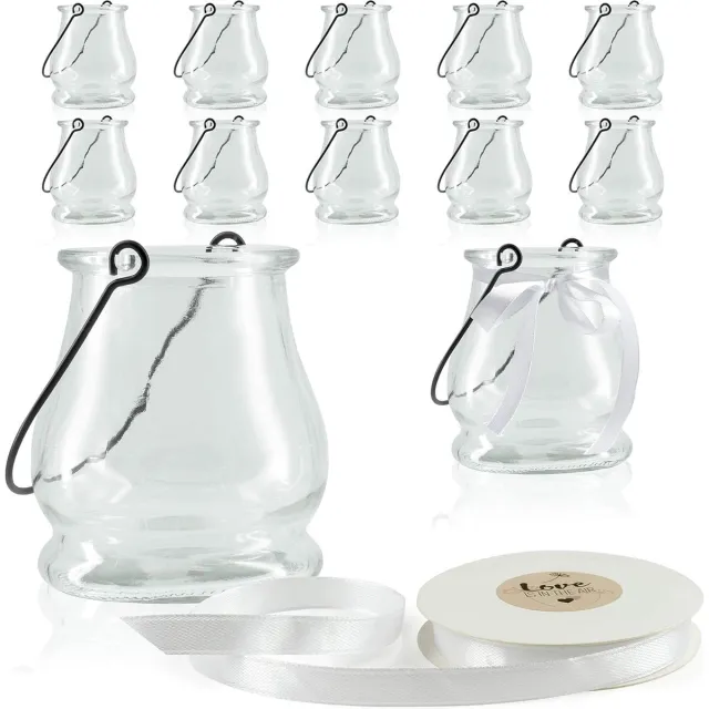 CasaJame 12 x glazen lantaarns met beugels en decoratief lint, witte theelichtglaasjes, gemakkelijk verwijderbare metalen beugels, decoratie voor bruiloften (klassiek). transparant