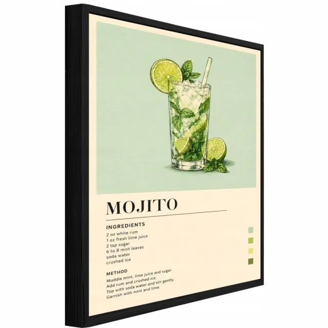WALLARENA Schilderij op canvas met zwarte lijst - 60x40 cm - Mojito cocktailrecept in retrostijl - voor keuken en thuisbar Groen