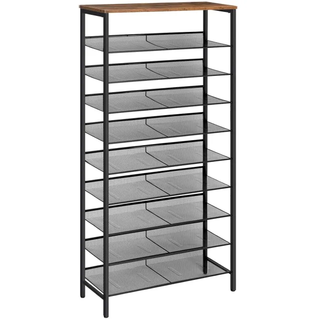 Trankielo Ruimtebesparend Schoenenrek met 10 Verdiepingen – Hoogwaardige Schoenenkast voor 27-36 Paar Schoenen – Kantelbare Metalen Planken – Donkerbruin-Zwart Zwart bruin