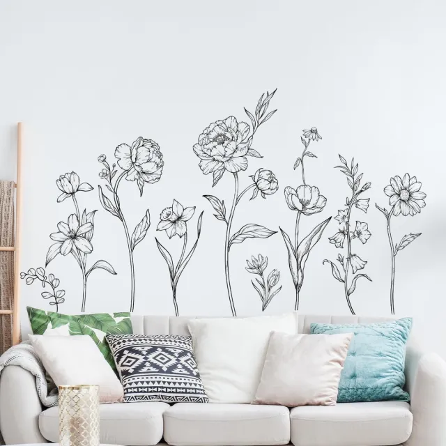Ibenzoa Elegantie en Natuurlijke Pracht: Zwart-Witte Bloemmuursticker voor een Verfijnde Ambience