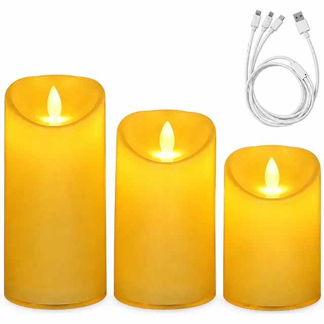 SWGOTA led kaarsen, oplaadbare set van 3 met schuine bovenrand en vlamvorm, drie hoogtes, inclusief USB-oplaadkabel voor bruiloften en kerstdecoratie Wit