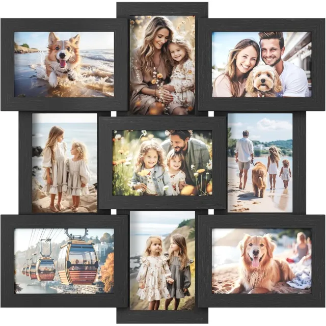 Triumpunpre Fotolijsten Set van 9 - Collagelijst Fotokaders - Fotomaat 10x15 cm - Hout Zwart - Ophangbaar Wanddecoratie zwart 9 stuks