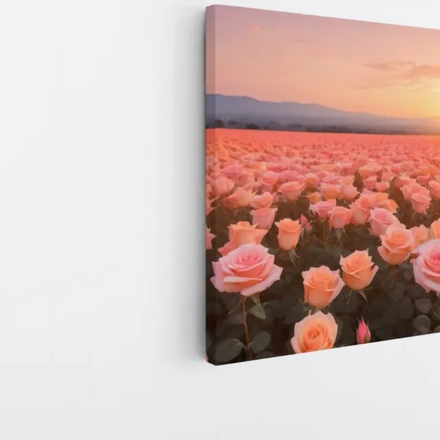 Saammp Canvas Schilderij - Landschap - Roze Bloemenveld - Natuur - 40x40 - Foto op canvas - Wanddecoratie - Muurdecoratie Woonkamer - Slaapkamer decoratie - Canvas Print Multicolor
