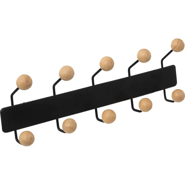 5Five® 5Five Kapstok rek voor wand/muur - zwart/beige - met 10x houten ophang knoppen - metaal - B44 x H14 cm