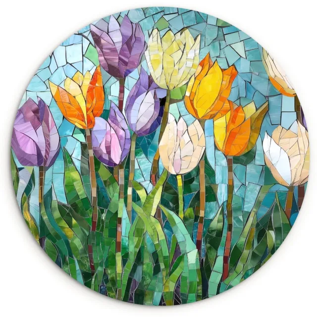 WallCircle Wandcirkel 140x140 cm - Muurcirkel Mozaïek - Veld - Tulpen - Kleurrijk - Muurdecoratie woonkamer - Wanddecoratie slaapkamer - Kamer decoratie accessoires - Ronde schilderijen Tulpen - Veld - Mozaïek