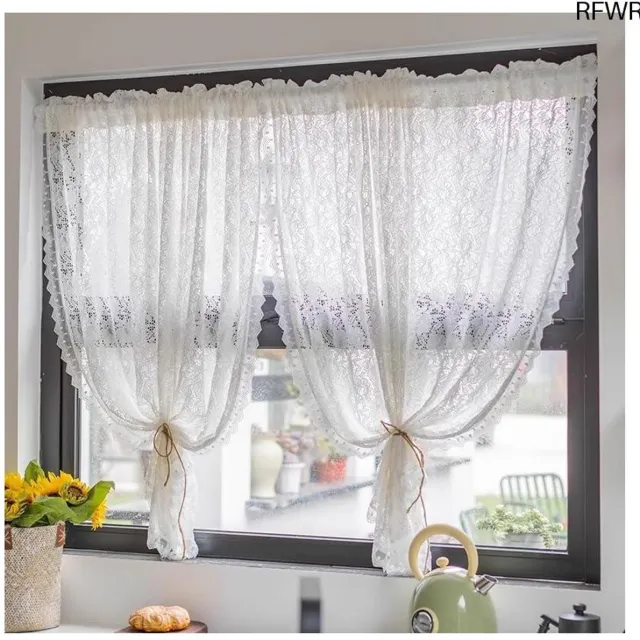 RFWR Transparante Vitrage Gordijnen met Bloemenpatroon en Trekkoord voor De woonkamer en Keuken - 145x140cm wit