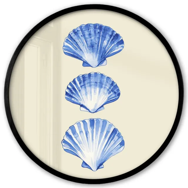 FrameYourWall Poster in lijst Rond - Fotolijst 40x40 cm - Posters - Schelpen - Blauw - Beige - Ronde posterlijst zwart - Decoratie - Wanddecoratie woonkamer - Muurdecoratie slaapkamer