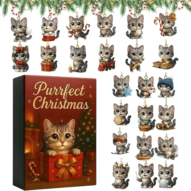 KZQ Katten Adventskalender 2026 - 24 Dagen Aftellen - Blind Box - 2D Acryl Kattenhangers - Kerstversiering - Feestdecoratie - Kerstcadeau voor Kattenliefhebbers Zwart-rood