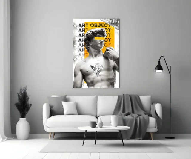 Insigne Art Glasschilderij – David met Gele Veeg – Moderne Street Art – Abstracte Klassieke Kunst - 90x60 cm Geel