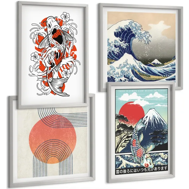 Coloray 4-Delige Schilderij Set - Illustraties Van De Visbergen En De Grote Golf Voor De Kust Van Kanagawa In Japanse Stijl. - 40 x 40 cm En 40 x 60 cm - Wanddecoratie - Schilderijen Set - Interieur - Muurdecoratie Zilveren lijst