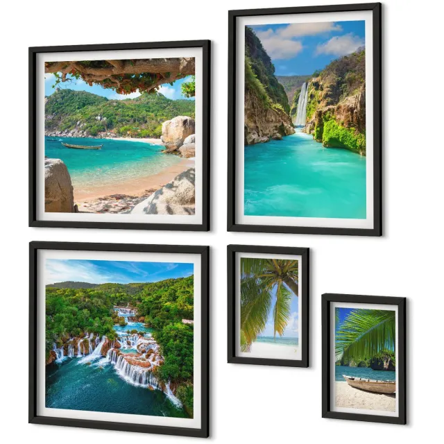Coloray 5-Delige Schilderij Set - Tropische Landschappen Met Watervallen En Paradijselijke Stranden - 50 x 50 cm, 20 x 30 cm En 40 x 60 cm - Wanddecoratie - Muurdecoratie - Woonkamer - Moderne Wanddecoratie Zwarte lijst