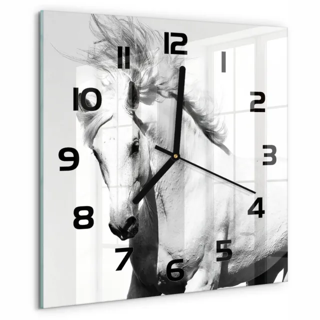 TULUP Wandklok - Wit Paard Decoratieve Glazen Klok - 30x30 cm - Wit Glazen Wandklok Design - Zwarte handen - Vierkante Klok - Glazen Klok Met Print - Wandklok Glas Met Motief