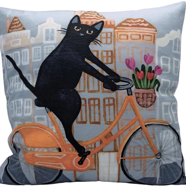 Woontante Sierkussen Kat - Kat Kussenhoes - Amsterdam Kat op Fiets - 45 x 45 cm - Grijs