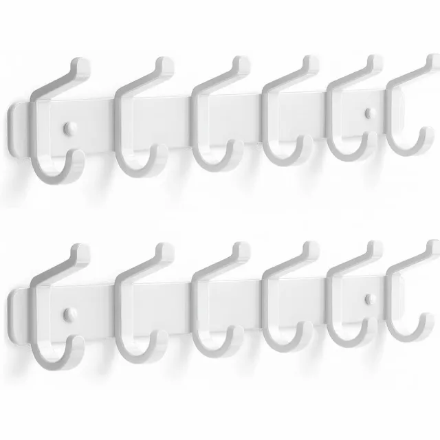 Famanu Set van 2 wandkapstokhaken met 6 haken, metalen kapstokhaken, wandkapstok voor jassen, tassen, hoeden en sjaals, voor slaapkamer, kledingkast, badkamer en keuken, wit
