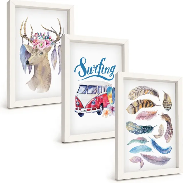 TULUP 3-Delige Schilderij Set - Hert met gewei, bloemen en veren, vakantiebusje - 20x30 - Muurdecoratie - Schilderijen Set - Woonkamer - Decoratieve Schilderijen Witte lijst