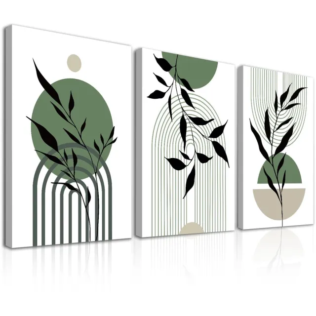 Ibenzoa Set van drie ingelijste kunstwerken met abstracte geometrische ontwerpen groen en beige