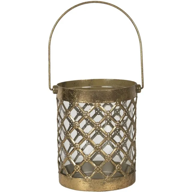 Clayre & Eef Theelichthouder Ø 13x16 cm Goudkleurig Ijzer Glas Rond Waxinelichthouder Windlichthouder