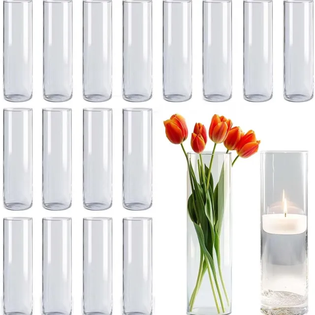 Famanu Glazen vaas cilindrische vaas voor bureaudecoratie - bloemenvaas kaars glazen fles kiezelfles kan worden gebruikt voor feest - bruiloft - banket - decoratie (18 - 4 -5 × 19 cm) Transparant