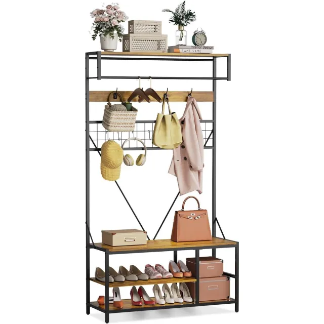 Triumpunpre 5-in-1 halboom met bankje – schoenenopbergruimte – verstelbare plank – kledingstang – 9 haken – moderne opbergstandaard – Houtkleur