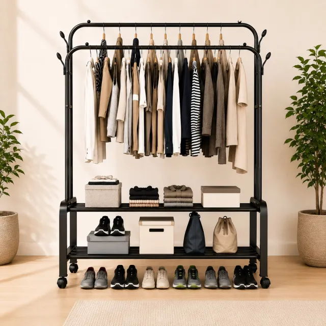MeubelsvanJoep Industrieel Kledingrek op wielen - Metaal - 110x54x150 CM - Mat zwart poedercoating - Opbergruimte Voor Schoenen - Garderoberek Met Haken Model 3