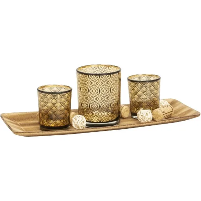 home collection Theelichthouder set - 3 st op houten schaal - glas/hout - waxinelichthouder Bruin