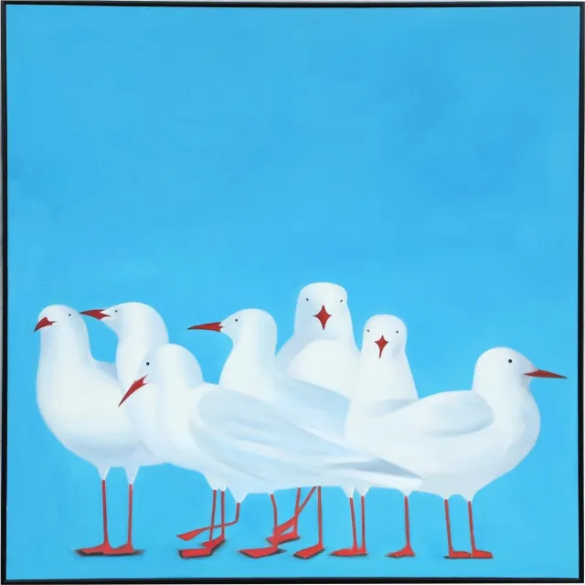 Fine Asianliving Olieverf Schilderij 100% Handgeschilderd 3D met Reliëf Effect en Zwarte Omlijsting 100x100cm Zeemeeuwen Blauw