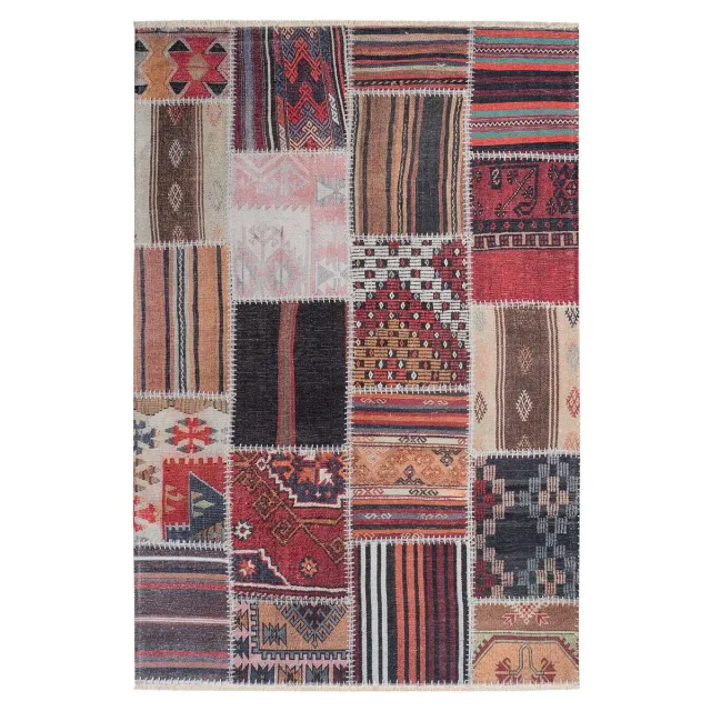 Padiro design laagpolig vloerkleed 115 x 170 cm - bordeaux - vintagepatchworkpatroon - voor vloerverwarming - van polyester en katoen rood