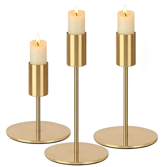 Famanu Set van 3 gouden kaarsenhouders voor staafkaarsen van metaal, 8,5/14/16 cm hoog, tafeldecoratie voor bruiloften, verjaardagen en diners
