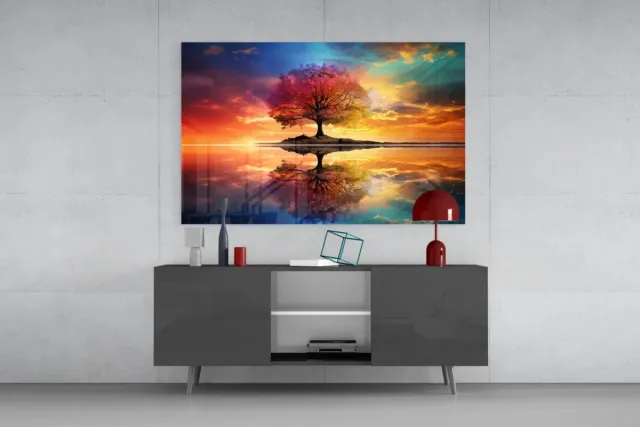 Insigne Art Glasschilderij – Kleurrijke Boom – Reflectie – Zonsondergang – Moderne Wanddecoratie – 90×60 cm Bruin