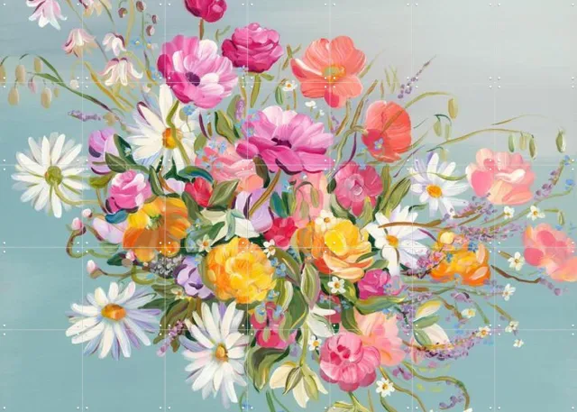 IXXI Blooms On Blue, Libby Chambers - 140 x 100 cm - Grote wanddecoratie en posters - Abstract, Modern, Speels, Kleurrijk, Fantasierijk, Woonkamer Roze / Oranje / Geel