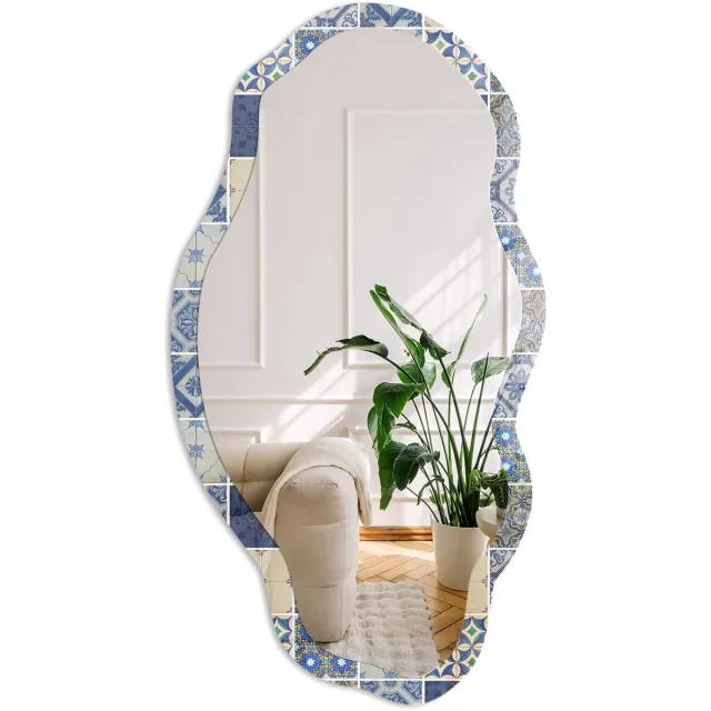 Coloray Azulejos-Tegels Spiegel - Blauw Stijlvolle Wandspiegel - Organische Spiegel - Keuken - Geometrisch - 45x90 cm - Totale afmeting 52x97 cm Azulejos-Tegels, Blauw