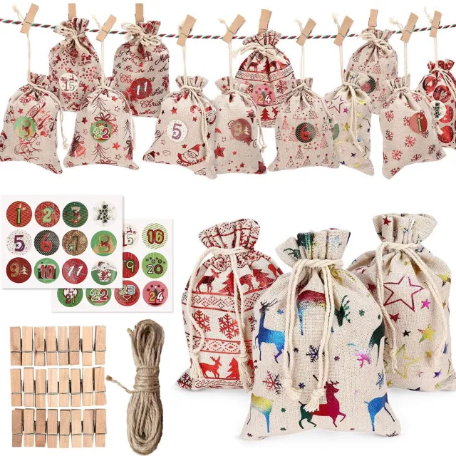 Flintry 24-daagse Kerst Adventskalender Set - Jute Trekkoordzakjes om op te hangen met Ster en Rendier Motieven, Snoepzakjes