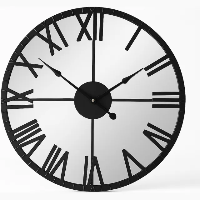 zeck home Zeckhome Verre Noir – Wandklok Ø 60 cm –Spiegelklok- Spiegelend Glas – Romeinse Cijfers – Stille Quartz Uurwerk Zwart
