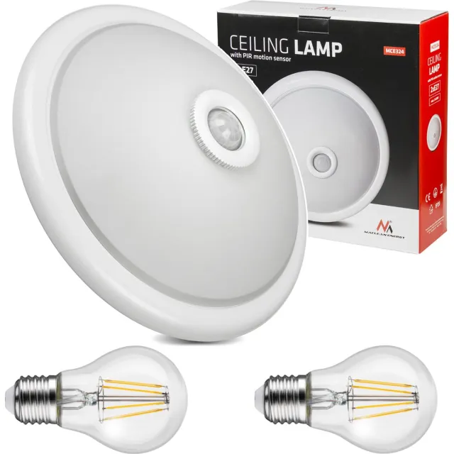 Maclean Plafondlamp met een PIR bewegings- en schemersensor + 2 E27 8W gloeilampen - 40W, E27, 220-240V~ 50/60Hz wit