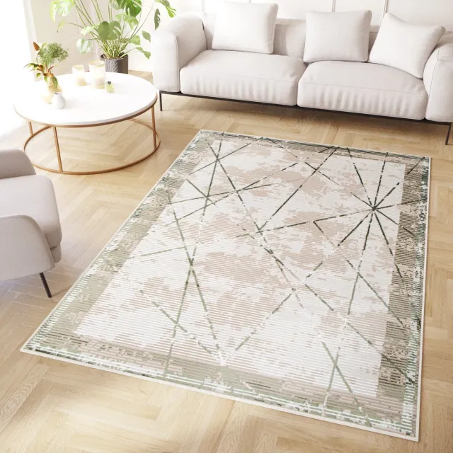 Tapiso Crystal Vloerkleed Groen Beige Laagpolig Lijnen Modern Tapijt Maat- 120x170 Licht Groen 3