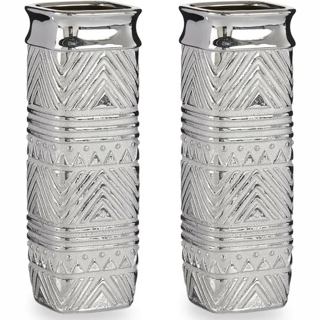 Giftdecor Bloemenvazen 2x stuks - zilver modern - 10 x 30 cm - keramiek
