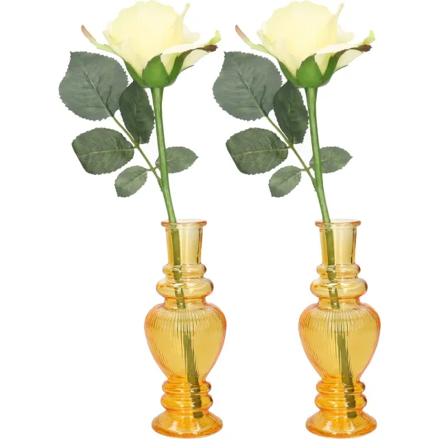 Ideas 4 Seasons Bloemenvaas Venice - 2x - voor kleine stelen/boeketten - gekleurd sierglas - ribbel okergeel - D5.7 x H15 cm