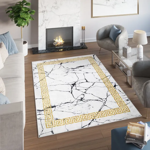 Tapiso Toscana Vloerkleed Grijs Marmer Gouden Antislip Tapijt Gouden Grijs