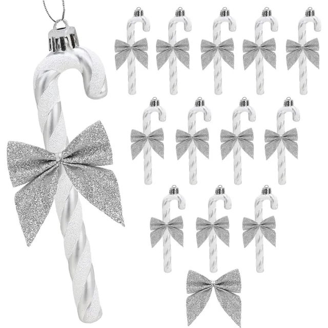 KZQ 12 stuks Kerstmis Glitter Candy Cane met Strik - Grijs Plastic Candy Cane Decoratie - Kerstboom Hangornament voor Feestelijke Kerstdecoratie (Grijs Strik)