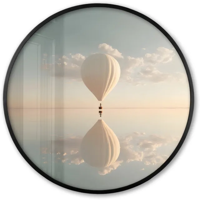 FrameYourWall Poster in lijst Rond - Fotolijst 80x80 cm - Posters - Luchtballon - Wolken - Water - Blauw - Ronde posterlijst zwart - Decoratie - Wanddecoratie woonkamer - Muurdecoratie slaapkamer