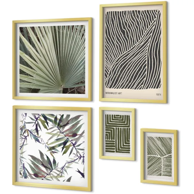 Coloray 5-Delige Schilderij Set - Plantenpatronen In Een Minimalistische Stijl Voor Interieurs - 50 x 50 cm, 20 x 30 cm En 40 x 60 cm - Stijlvolle Wanddecoratie - Interieur - Muurdecoratie Gouden lijst
