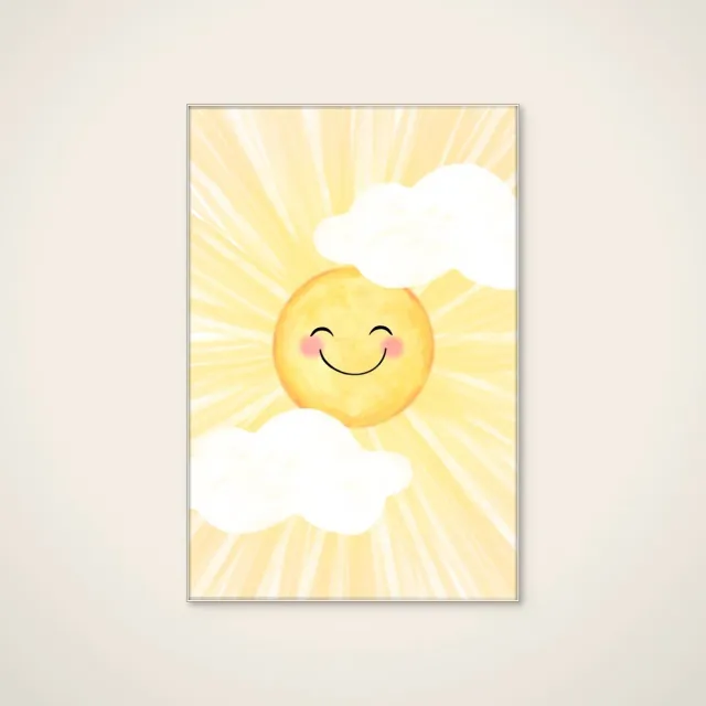HelloWalls Akoestisch schilderij - 60 x 90 cm - Happy Smiling Sun van EMELIEmaria - Abstracte wanddecoratie - wit textielframe Meerkleurig