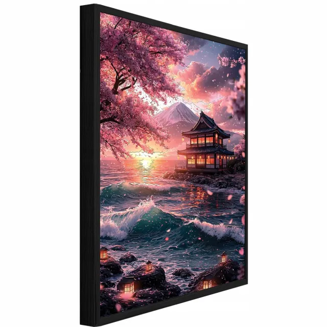 WALLARENA Schilderij met reliëf 90x60 cm - zwarte lijst - Mount Fuji aan zee - woonkamer en slaapkamer Roze