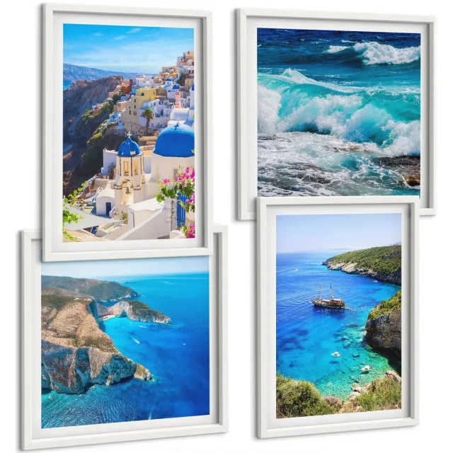 TULUP 4-Delige Schilderij Set - Uitzicht op de Griekse kust en het stadje Oia op Santorini - 40x40 en 40x60 - Decoratieve Muurdecoratie - Slaapkamer - Woonkamer Decoratie Witte lijst