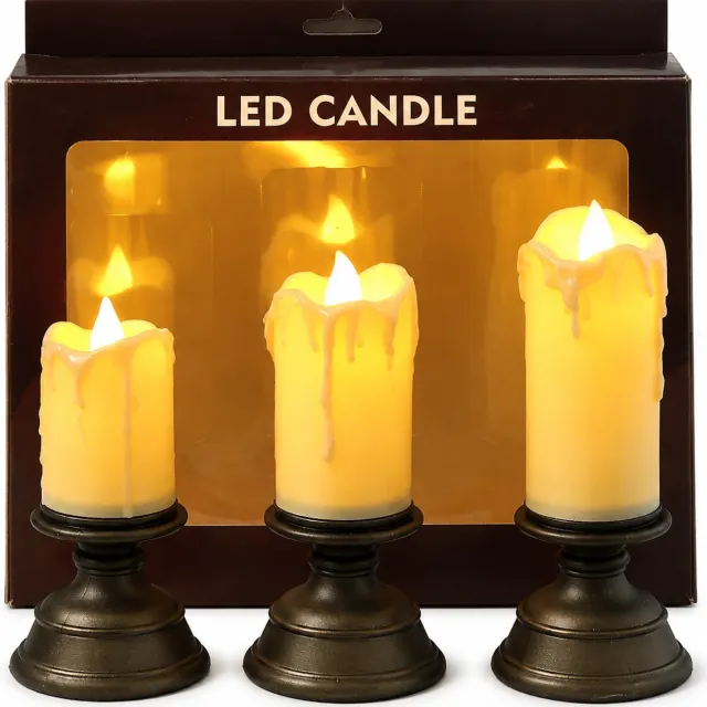 SWGOTA led kaarsen - set van 3 met warmwit constant licht, decoratieve wasdruppels en kandelaarvoeten voor tafeldecoratie Beige