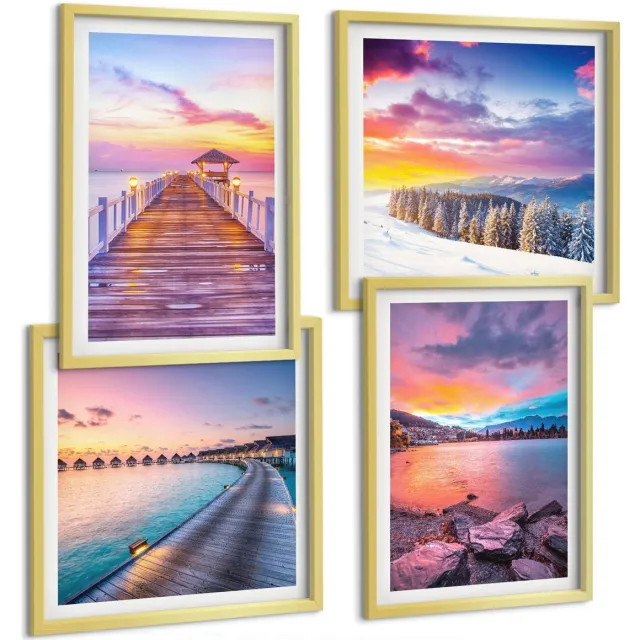 TULUP 4-Delige Schilderij Set - Winters berglandschap met een aanlegsteiger aan het meer. - 40 x 40 cm en 40 x 60 cm - Muurdecoratie - Decoratieve Schilderijen - Wohnzimmer Gouden lijst