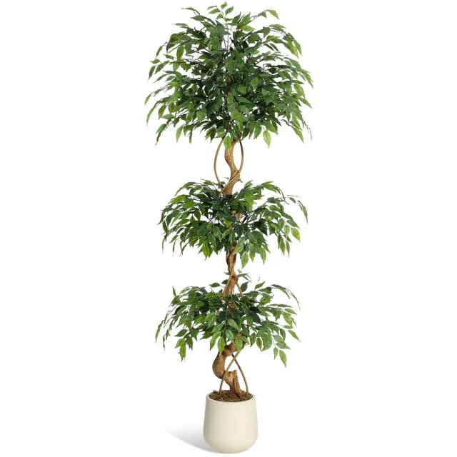 Triumpunpre 180cm kunstficus met gebogen stammen - 1-laagse kunstplant zijden boom met witte plantenbak - kunstficus voor binnenhuisdecoratie thuis Groen