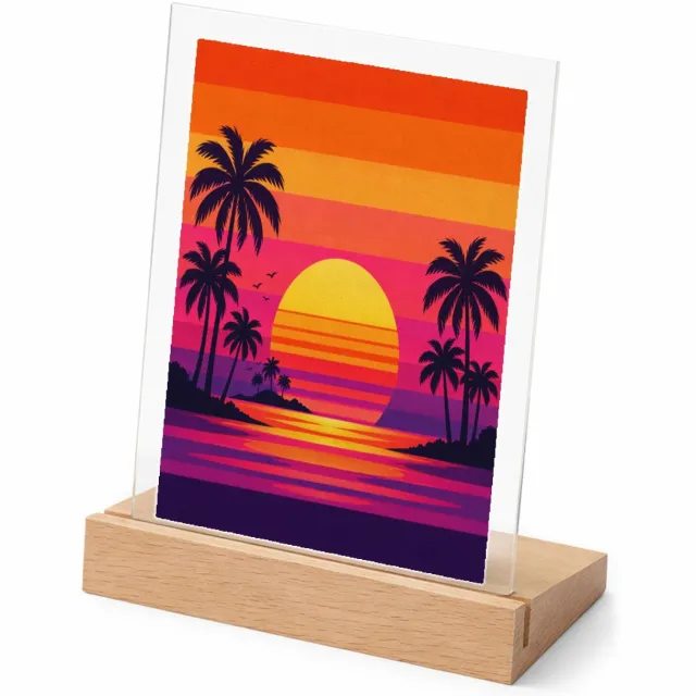 Mr Cadeautjes Glasframe met vaste tekst - design Retro zonsondergang met palmen | cadeau Wit