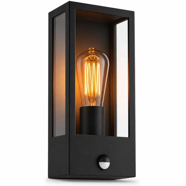 Luminize Buitenlamp met bewegingssensor - Wandlamp buiten met sensor - Instelbare sensor - E27 fitting - IP44 aluminium met glas - 13x12x24 cm - Zwart