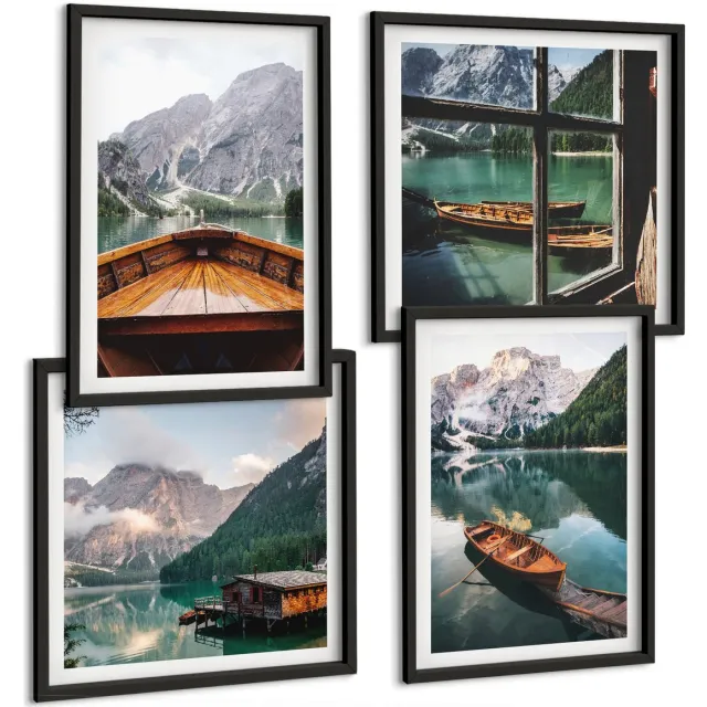 Coloray 4-Delige Schilderij Set - Uitzicht Op Een Bergmeer Met Boten, Een Huisje En Een Raam. - 40 x 40 cm En 40 x 60 cm - Muurdecoratie - Interieur Decoratie - Stijlvolle Muurdecoratie Zwarte lijst